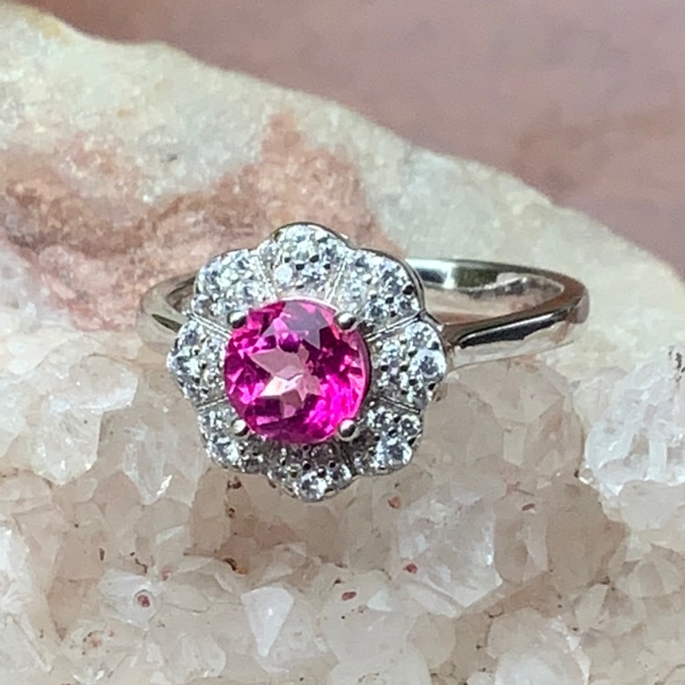 PINK TOPAZ & CUBIC ZIRCONIA 925 STERLING SILVER RING, SIZE 7